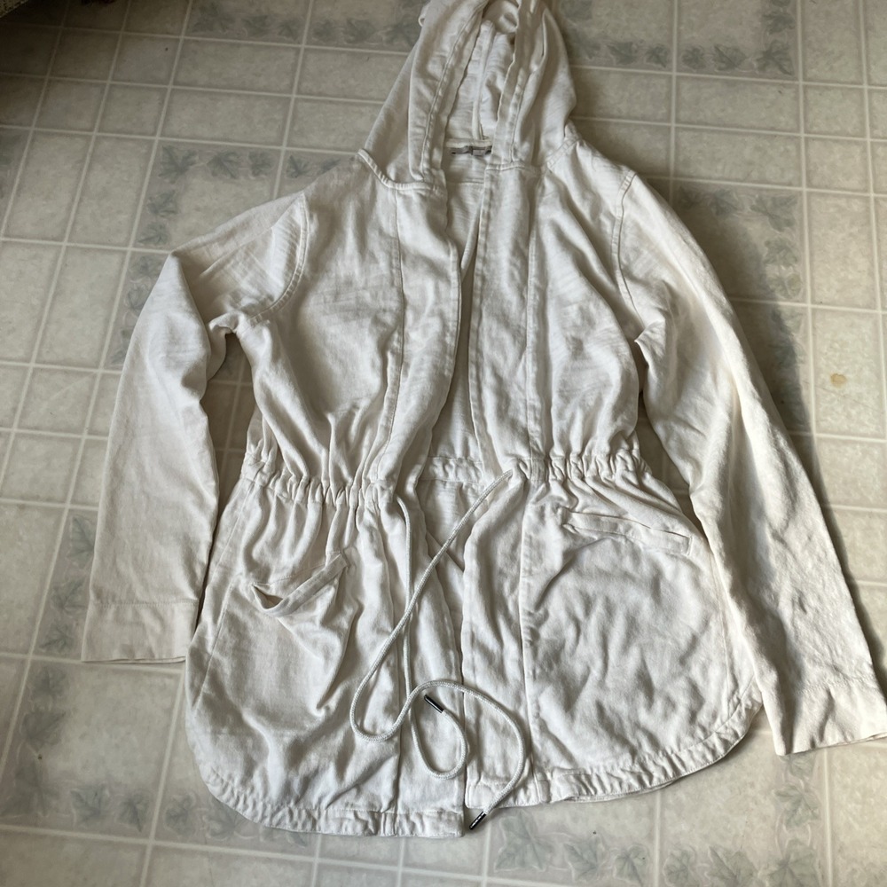 Ann Taylor's LOFT Cotton‎ Knit Ivory Long Sleeve Hooded Open Front Jacket Sz XL